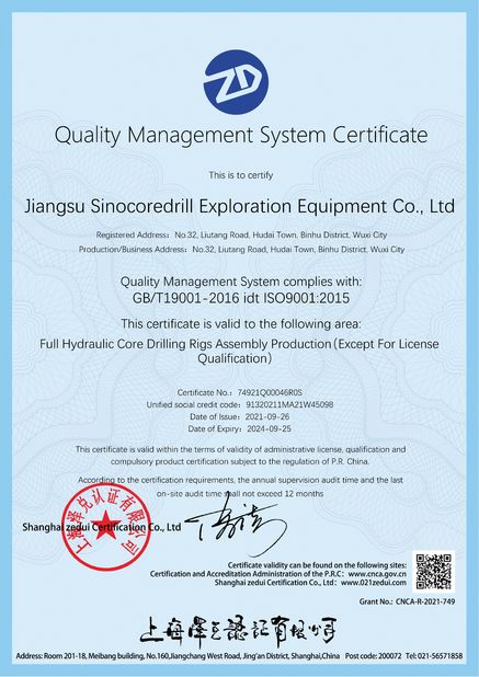 China Jiangsu Sinocoredrill Exploration Equipment Co., Ltd Certification