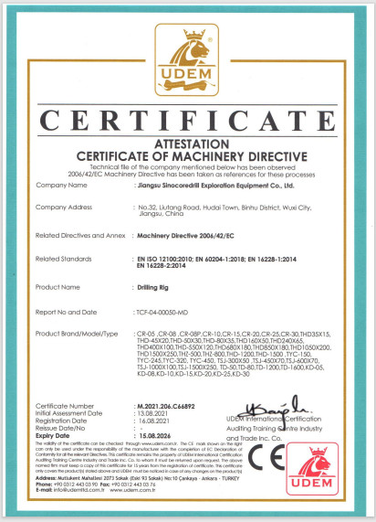 China Jiangsu Sinocoredrill Exploration Equipment Co., Ltd Certification